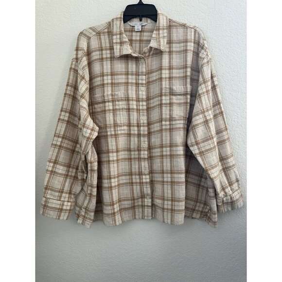 Old Navy Top The Boyfriend Shirt XXL Relaxed Cream Plaid Flannel Cotton Workwear - Picture 8 of 8